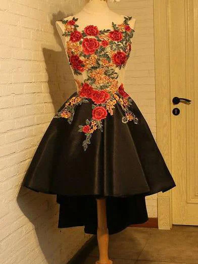 Clearance Sale High Low Homecoming Dress Scoop A-line Appliques Short Prom Dress Black Party Dress JK504