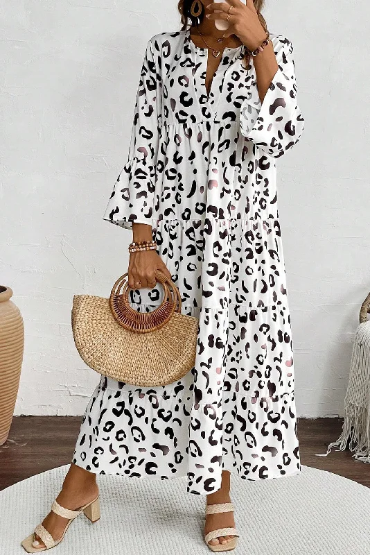 Special Price White Leopard Print Notch V Neck Loose Fit Maxi Dress