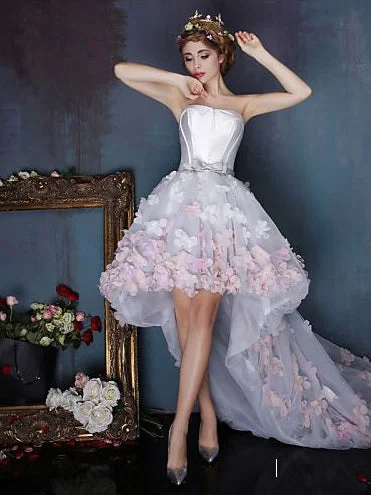 Price Cut High-Low Prom Dresses Strapless A-line Hand-Made Flower Long Prom Dress/Evening Dress JKL220