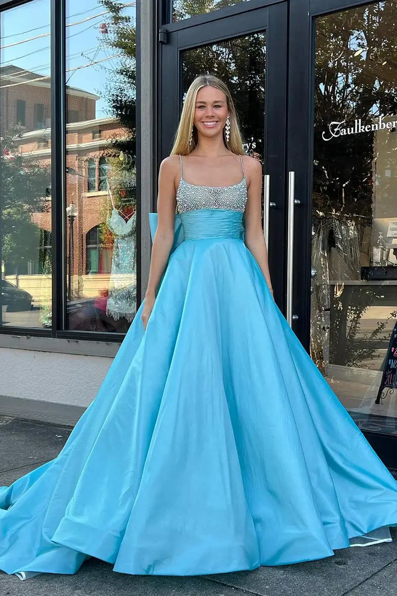 Factory Direct Sale playful dressplayful dressBateau Spaghetti Straps Beaded Empire A-Line Prom Dress