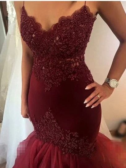 Take Advantage Mermaid Prom Dresses Spaghetti Straps Beading Sexy Long Burgundy Prom Dress JKL531