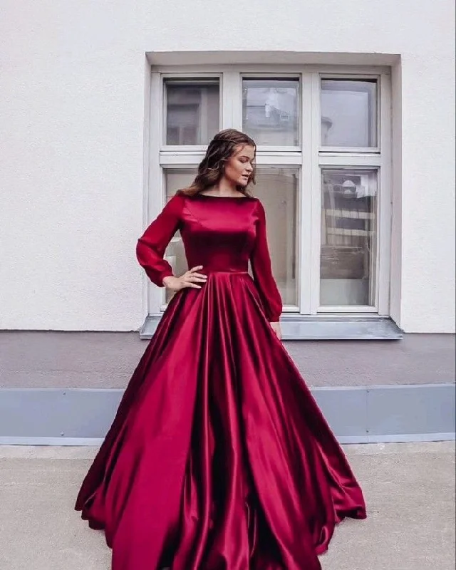 Price Drop flowy evening dressflowy evening dressModest A-Line Long Sleeves Prom Dress,Wedding Guest Outfit  Y5002