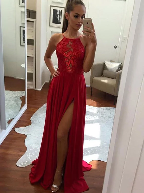 Early Access Cheap Prom Dresses Halter A-line Short Train Sexy Red Lace Prom Dress/Evening Dress JKL301