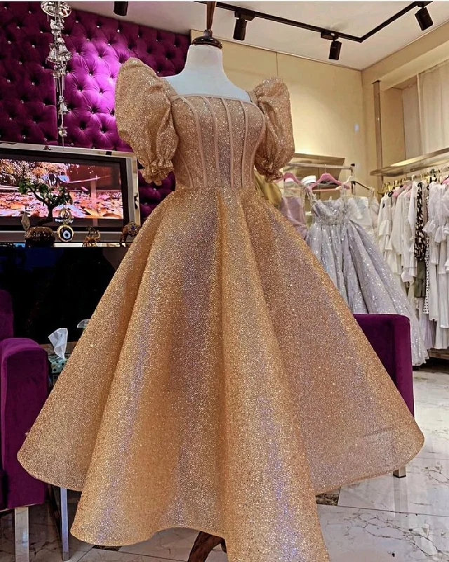 Major Savings elegant evening dresselegant evening dressElegant Gold Sequins Princess Puffy Short Sleeves Tea Length Prom Dress Y5019