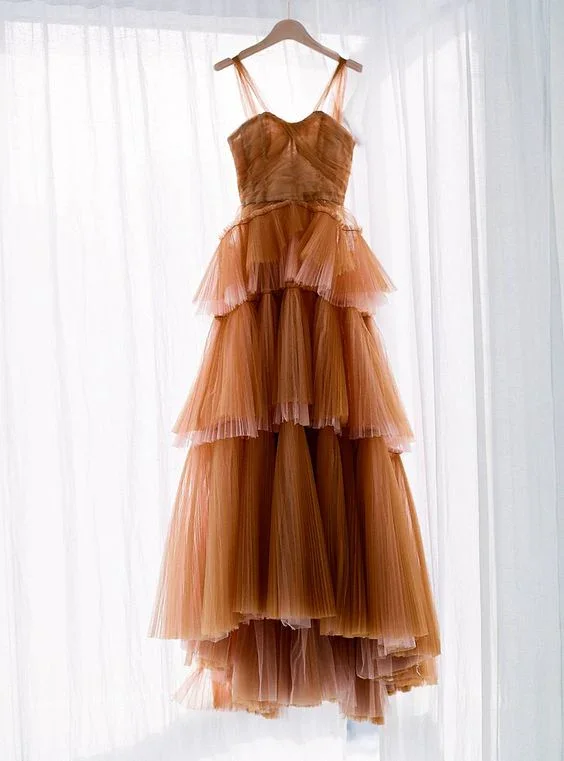 Super Deal elegant maxi dresselegant maxi dressBrown tulle long prom dress, evening dress Y1257