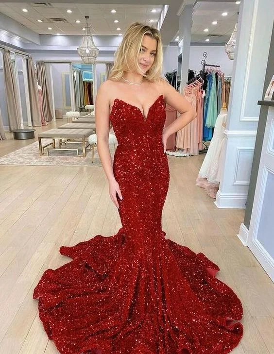 Bonus Savings chic dresschic dressBurgundy Mermaid Strapless Sequins Long Evening Dresses Y1220