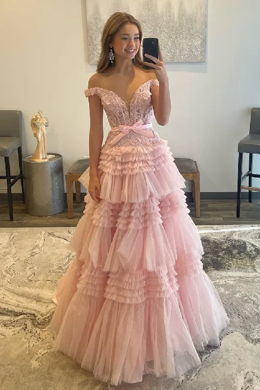 Instant Savings satin dresssatin dressPink Tulle Lace Off-the-Shoulder Ruffles Tiered Long Prom Dress Y4674 Instant Savings satin dresssatin dressPink Tulle Lace Off-the-Shoulder Ruffles Tiered Long Prom Dress Y4674