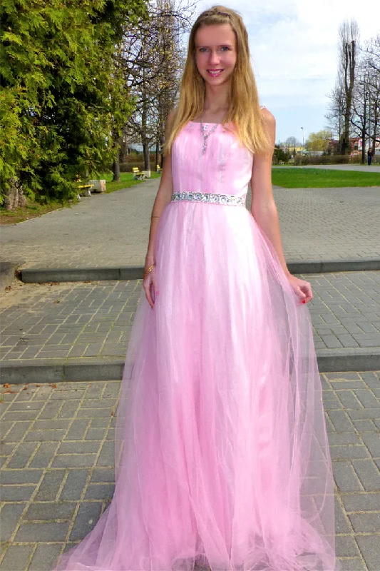 Price Slash A-line Wide Strap Floor Length Chrmuse Tulle Rhinestone Prom Dress