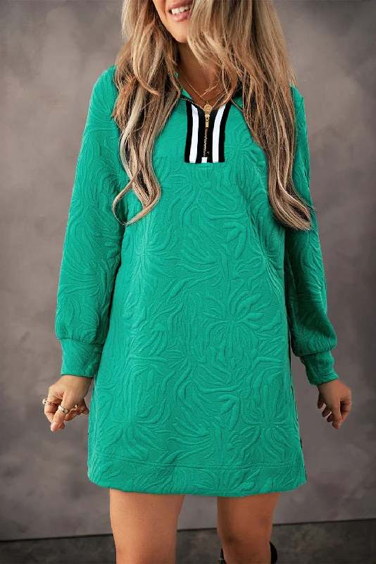 Price Blitz Sea Green Jacquard Textured Quarter Zipper Shift Mini Dress