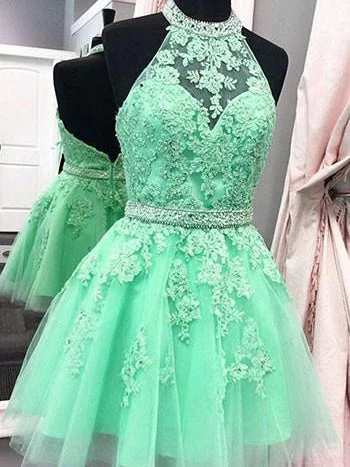 Sale Event Chic Homecoming Dress Halter Appliques Sage Short Prom Dress Party Dress JK382