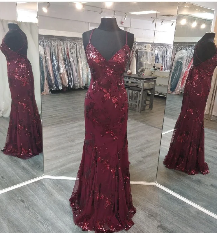 Discount Deals summer dresssummer dressV Neck Maroon Prom Dresses Evening Gowns with Sequin Appliques Y1214