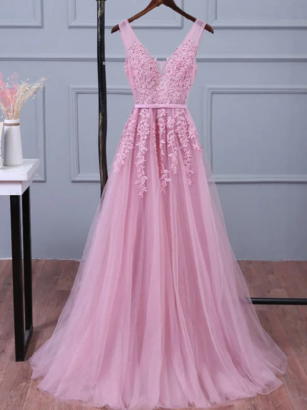 Price Cut Prom Dresses Appliques V-neck Long Tulle Prom Dress/Evening Dress #JKL019