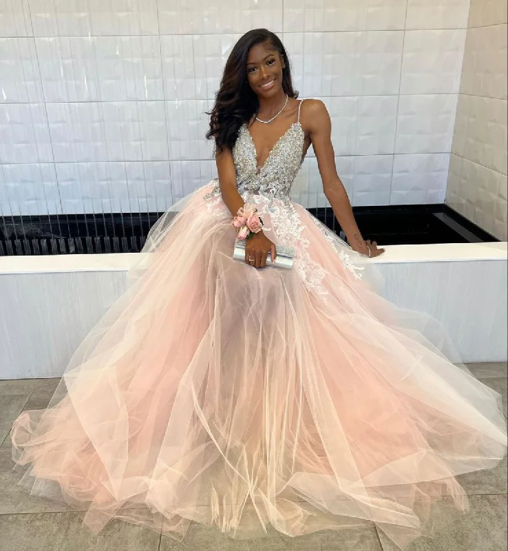 Get It Before It’s Gone satin dresssatin dressV-neck Tulle Long Prom Dresses with Appliques A Line Formal Dresses Y5131