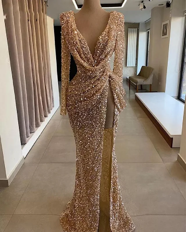 Take Advantage vintage dressvintage dresssparkly prom dresses, deep v neck prom dresses, long sleeve prom dresses, arabic prom dresses, side slit prom dresses, fashion evening gowns Y1389