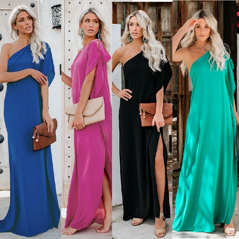 Buy More, Save More fitted dressfitted dressExplosive Slanted Shoulder Ruffled Solid Color Dress