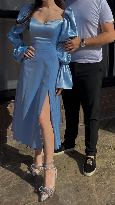 Buy Now modern dressmodern dressRetro Style Blue Satin Midi-length Prom Dress With Split Y5026
