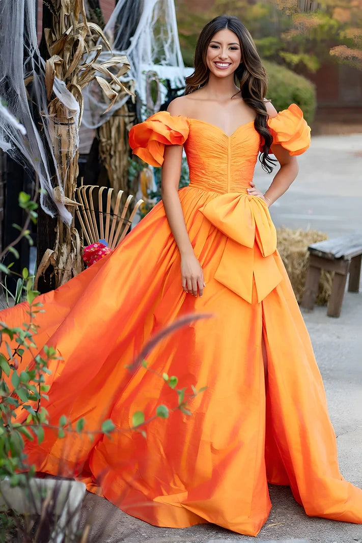 Markdowns romantic dressromantic dressOff-Shoulder Empire Satin A-Line Prom Dress With Bow