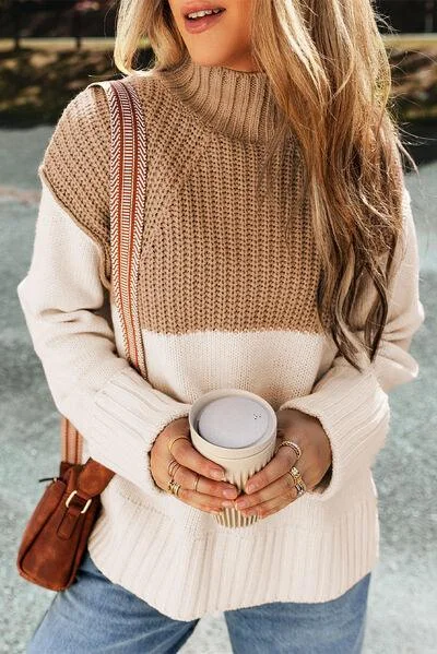 Must-Have Deals minimalist gym sweatshirtColor Block Slit Mock Neck Sweater
