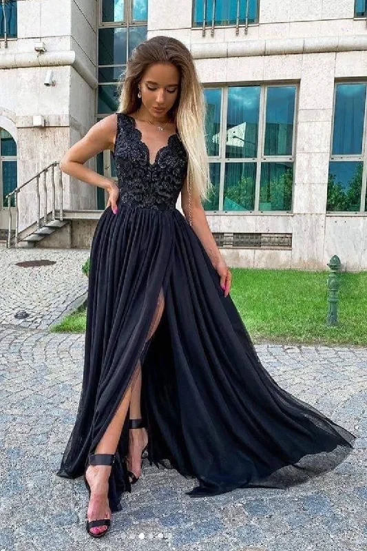 Steals and Deals Black V Neck Chiffon  Lace Long Prom Evening Dress GJS719