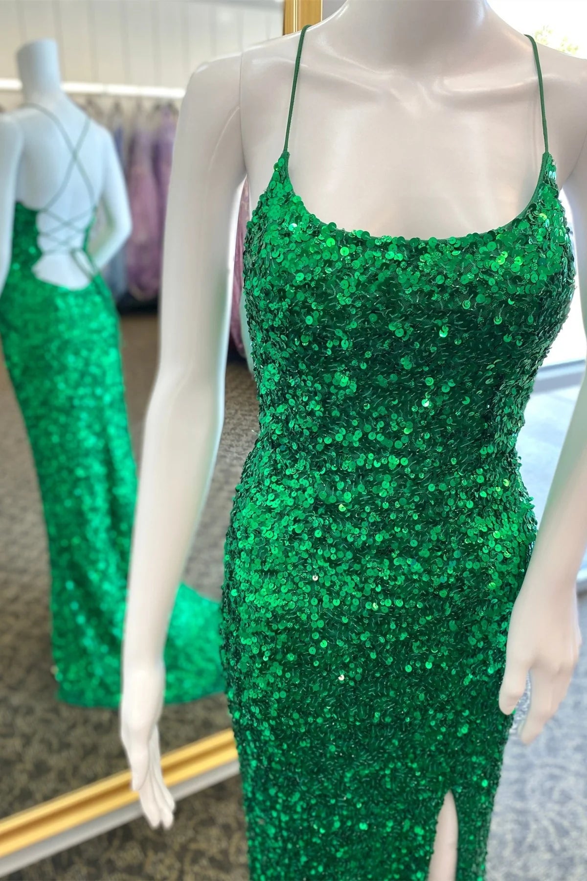 Overstock high-waisted dresshigh-waisted dressSquare Spaghetti Straps Lace Up Long Sequins Prom Dress
