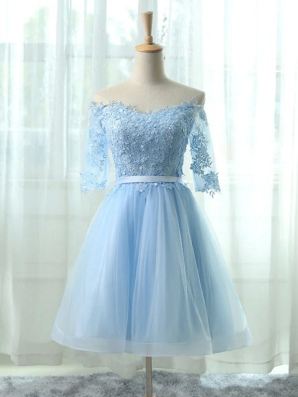 The Best Prices Sexy Homecoming Dress Light Sky Blue Appliques Tulle Short Prom Dress Party Dress JK323