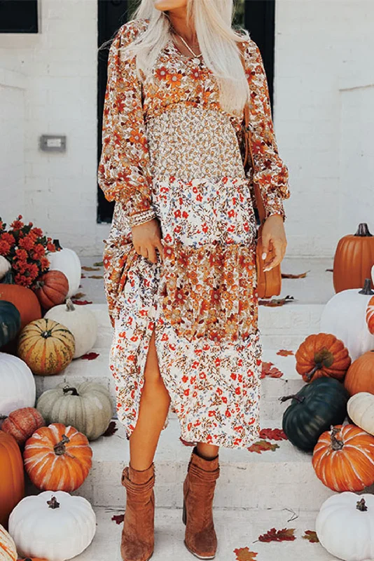 Hot Deal Khaki Floral Print Ruffled Tiered Long Sleeve V Neck Midi Dress
