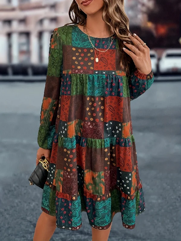 Super Sale Boho Dress, Women's Patchwork Print Lantern Sleeve Round Neck Loose Fit Mini Dress