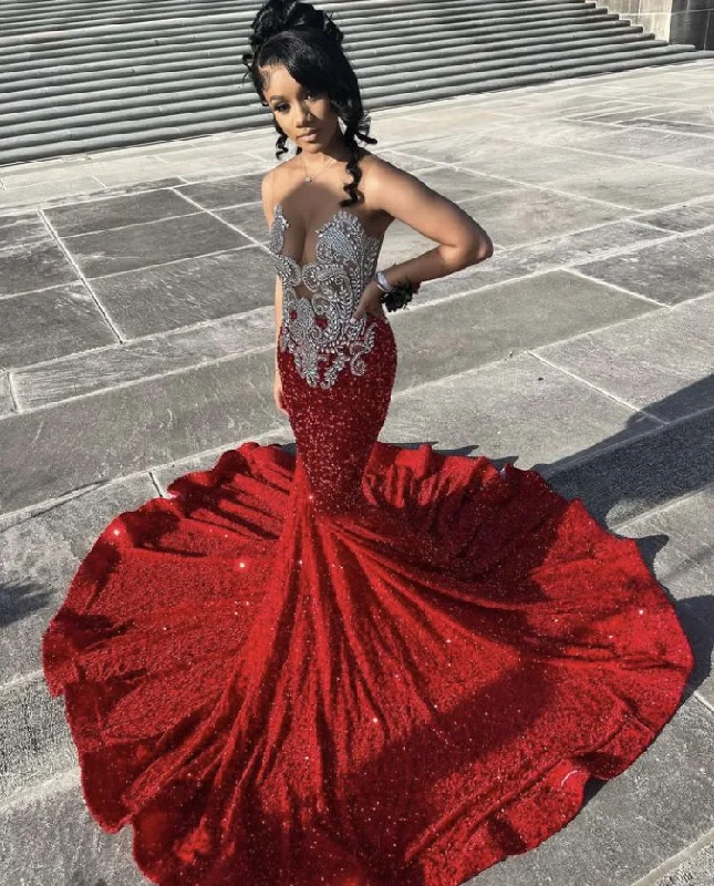 Extra Savings winter dresswinter dressSparkly Red Sequins Mermaid Prom Dress For Black Girls Y5117
