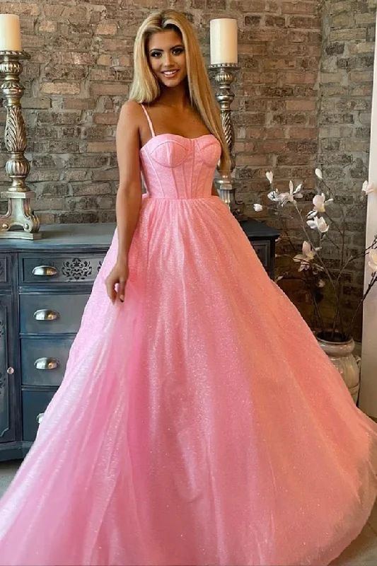 Flash Sale Shiny Pink Tulle Spaghetti Straps Sparkly  Long Prom Formal Evening Dress  ZXS707