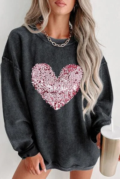Great Bargains versatile gym hoodieHeart Sequin Round Neck Sweatshirt