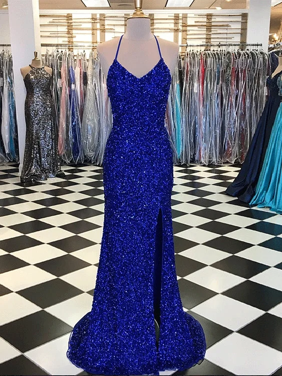 Exclusive Preview Sparkly Prom Dresses with Slit Sheath Short Train Long Royal Blue Prom Dress JKL1396