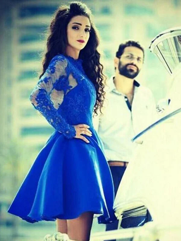 Bonus Savings Royal Blue Homecoming Dress Long Sleeve Appliques Short Prom Dress Party Dress JKS069