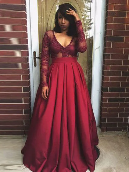 Limited Time Offer Chic Plus Size Prom Dresses V-neck Satin Burgundy Long Sleeve Prom Dress JKP005