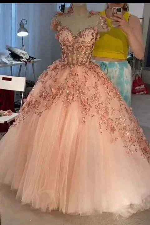Special Promotion Princess Ball Gown Dusty Pink 3D Floral Appliques Tulle  Quinceanera Dress GJS749