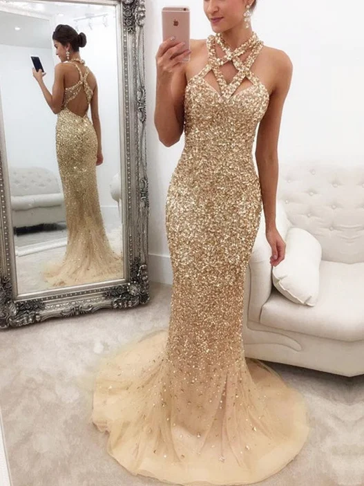 Quick Sale Luxury Sparkly Prom Dresses Rhinestone Halter Sheath Long Sexy Prom Dress JKL1059