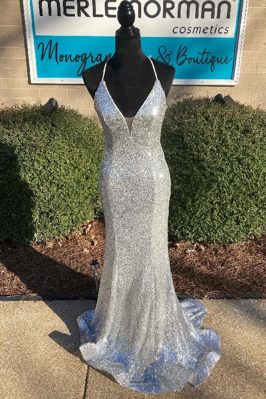 Don't Wait mini dressmini dressSparkly V-Neck Sleeveless Mermaid Sequins Long Prom Dress