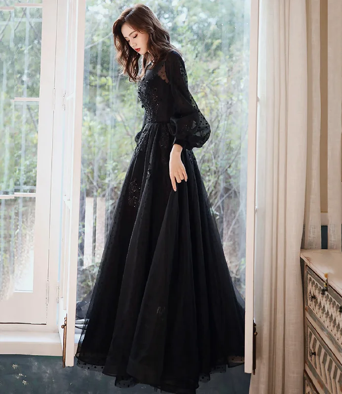 Price Fest trendy wrap dresstrendy wrap dressBlack lace long prom dress A line evening gown Y1294