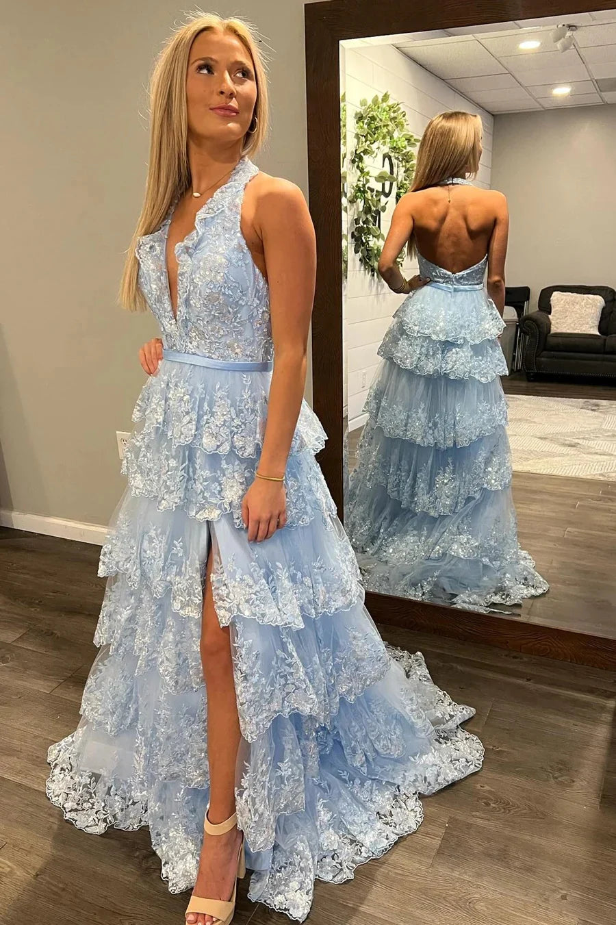 Limited Availability layered dresslayered dressLace A-Line Halter Open Back Tiered Formal Prom Dress Limited Availability layered dresslayered dressLace A-Line Halter Open Back Tiered Formal Prom Dress