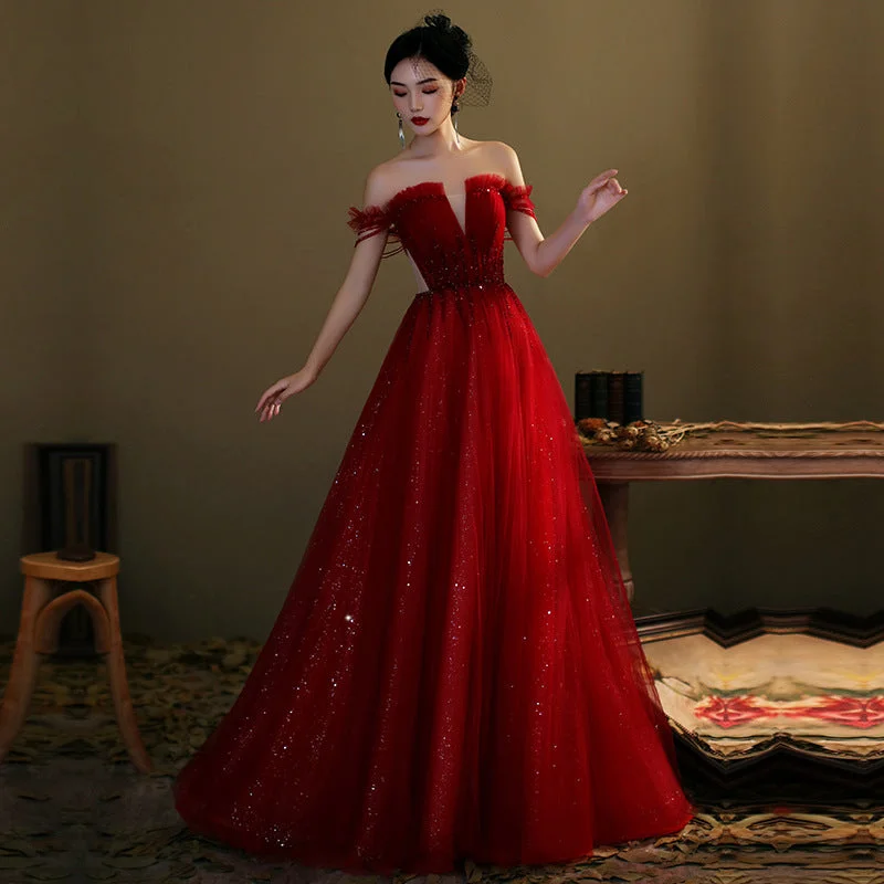 Flash Sale fitted cocktail dressfitted cocktail dressRed tulle sequins long prom dress red evening gown Y1179
