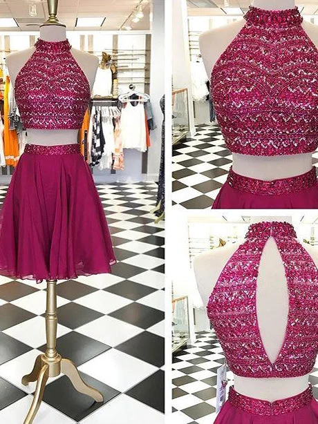 Shop and Save Two Piece Homecoming Dress Rhinestone Fuchsia Chiffon Short Prom Dress Party Dress JK413