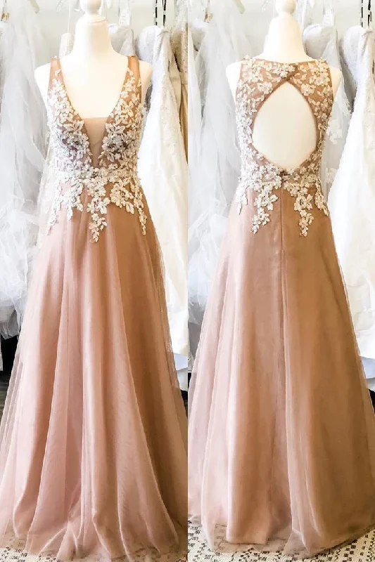 Limited Time Discount Hollow Out Back Appliqued Long Champagne Prom Dress with Pearls GJS725