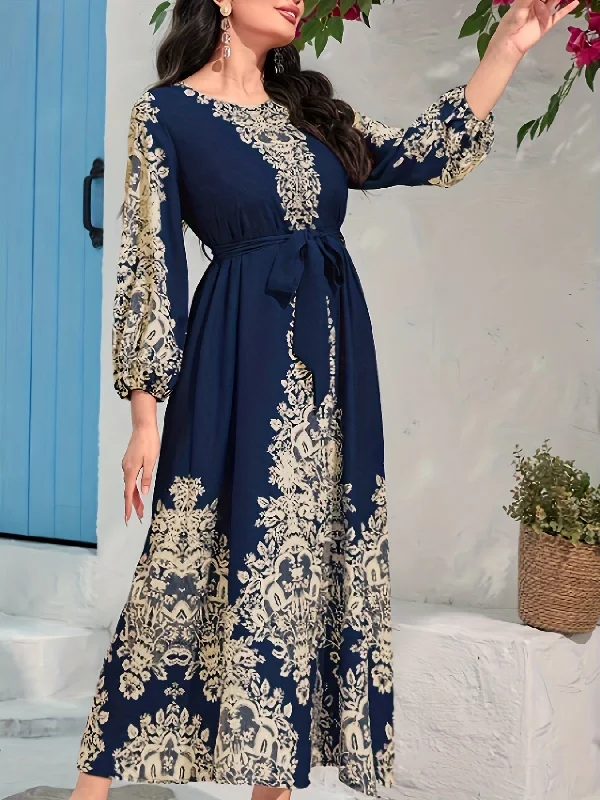 Today’s Deal Graphic Print Tie Waist Kaftan Dress, Elegant Lantern Sleeve Maxi Length Dress
