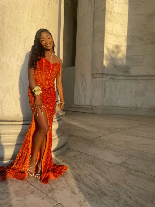 Price Fest structured dressstructured dressShiny Orange Sequins Mermaid Prom Dress For Black Girls Y5120