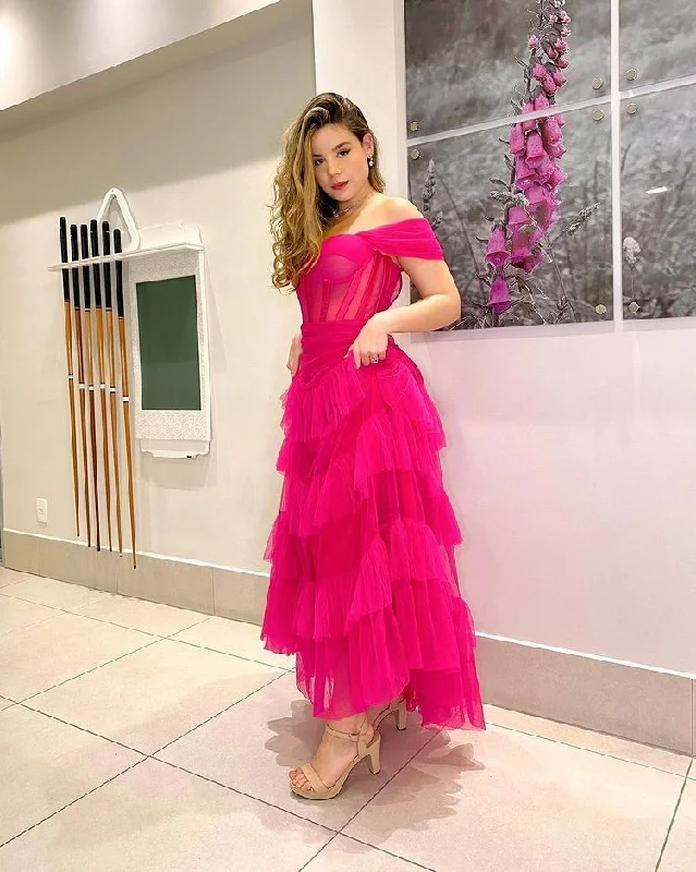 Flash Deals ruched dressruched dressHot Pink Tulle Long Evening Prom Dresses Y5099