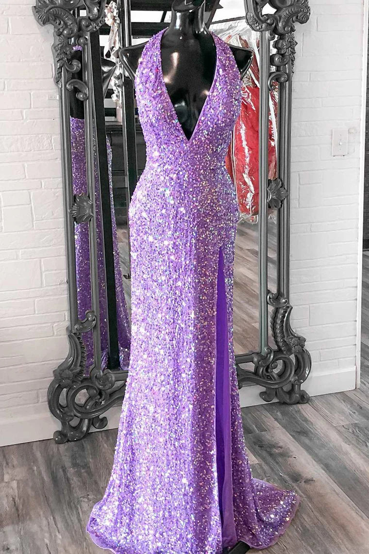 Unbeatable Prices bodycon dressbodycon dressFully Sequins Low V-Neck Halter Open Back Prom Dress