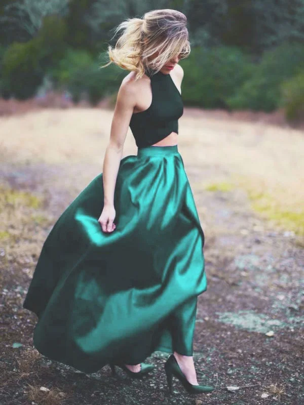 Closeout Two Piece Prom Dresses A-line Halter Long Hunter Green Prom Dress Satin Evening Dress JKL534