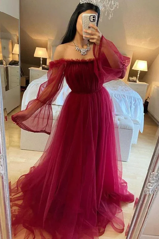 Sneak Peek Sale statement dressstatement dressBurgundy Tulle Evening Dress With Long Sleeves Y503 Sneak Peek Sale statement dressstatement dressBurgundy Tulle Evening Dress With Long Sleeves Y503
