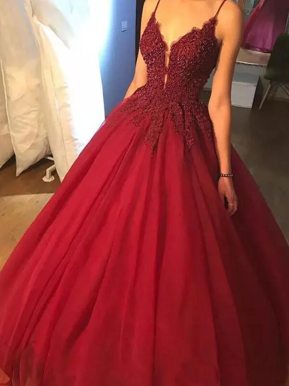 Crazy Savings Burgundy Prom Dresses Spaghetti Straps Ball Gown Long Beading Prom Dress JKL973