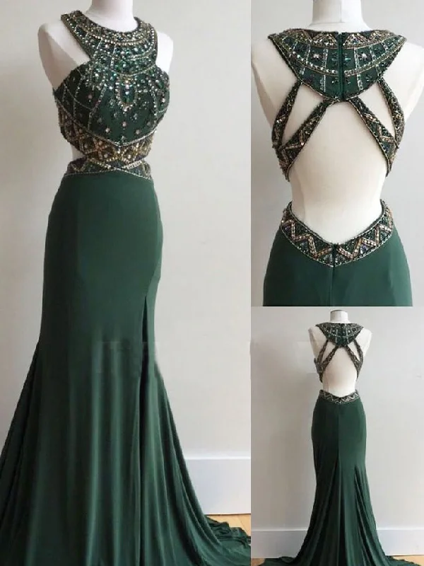 Now or Never Dark Green Prom Dresses Column Scoop Rhinestone Long Prom Dress Sexy Evening Dress JKL518