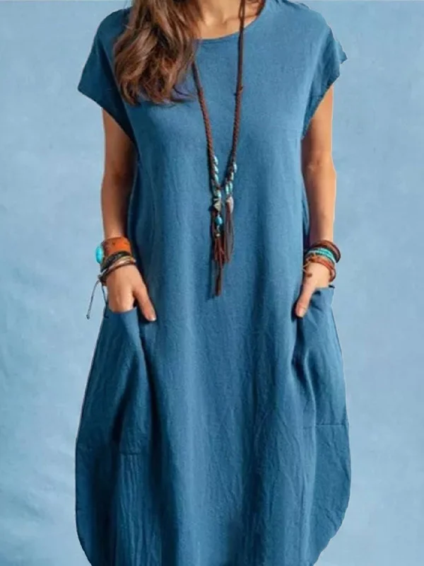 Seasonal Sale Dual Pockets Crew Neck Dress, Casual Short Sleeve Dress